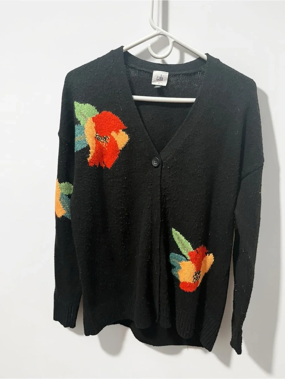 CAbi Black Floral Button-Front Cardigan with Red and Orange Flowers Size Small - Picture 1 of 9